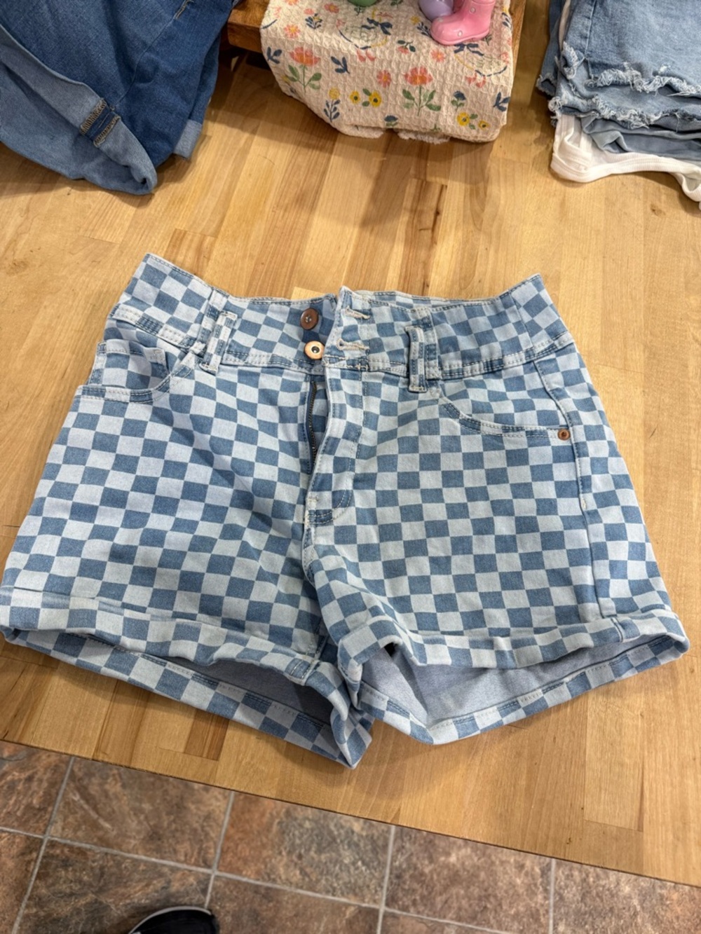 No Boundaries Light Blue Checkerboard Jean Shorts